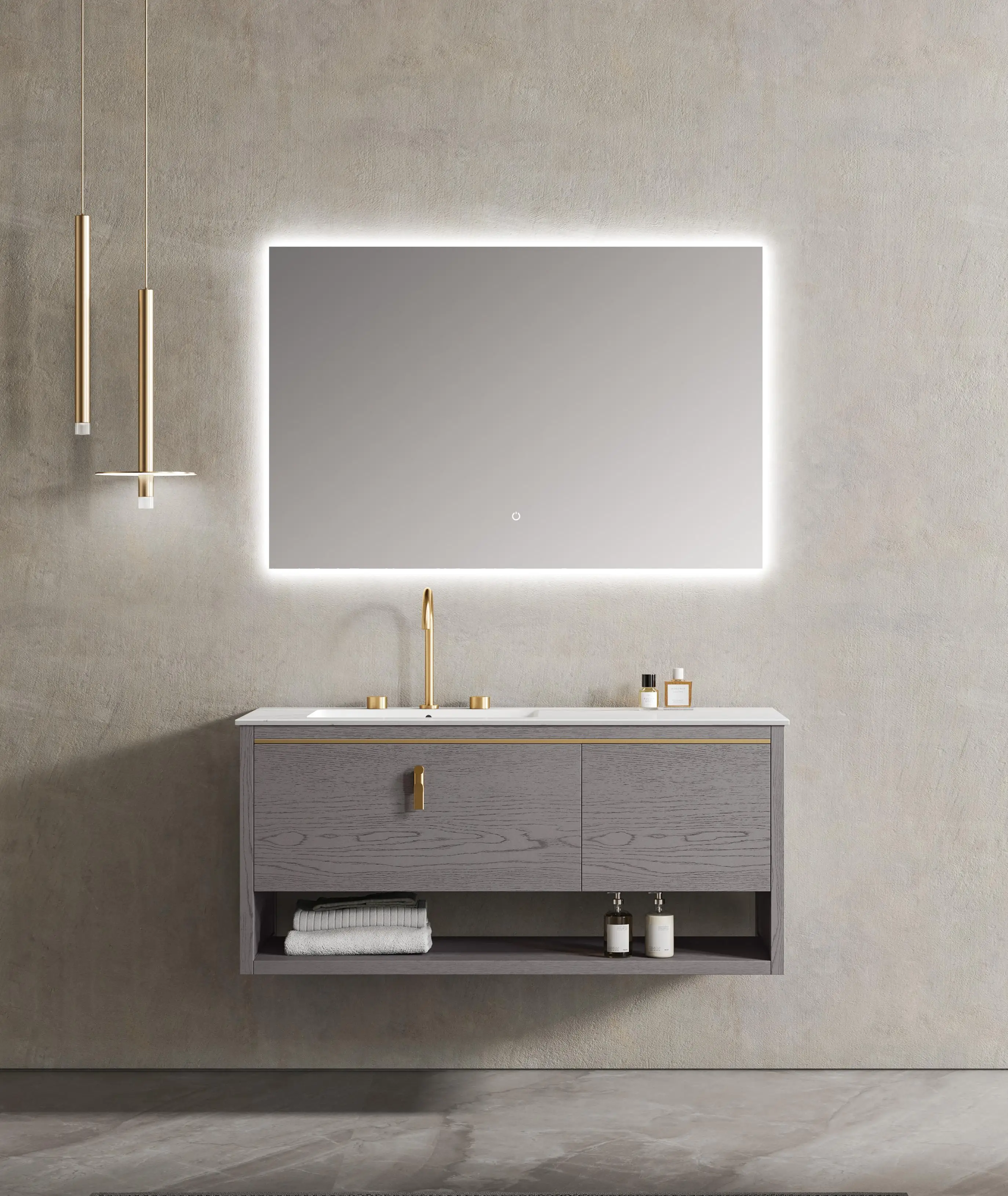 Imagen 3: Mueble de lavabo de baño montado en la pared de madera maciza moderno, tocador resistente al agua, espejo LED, muebles de construcción para casa y Hotel