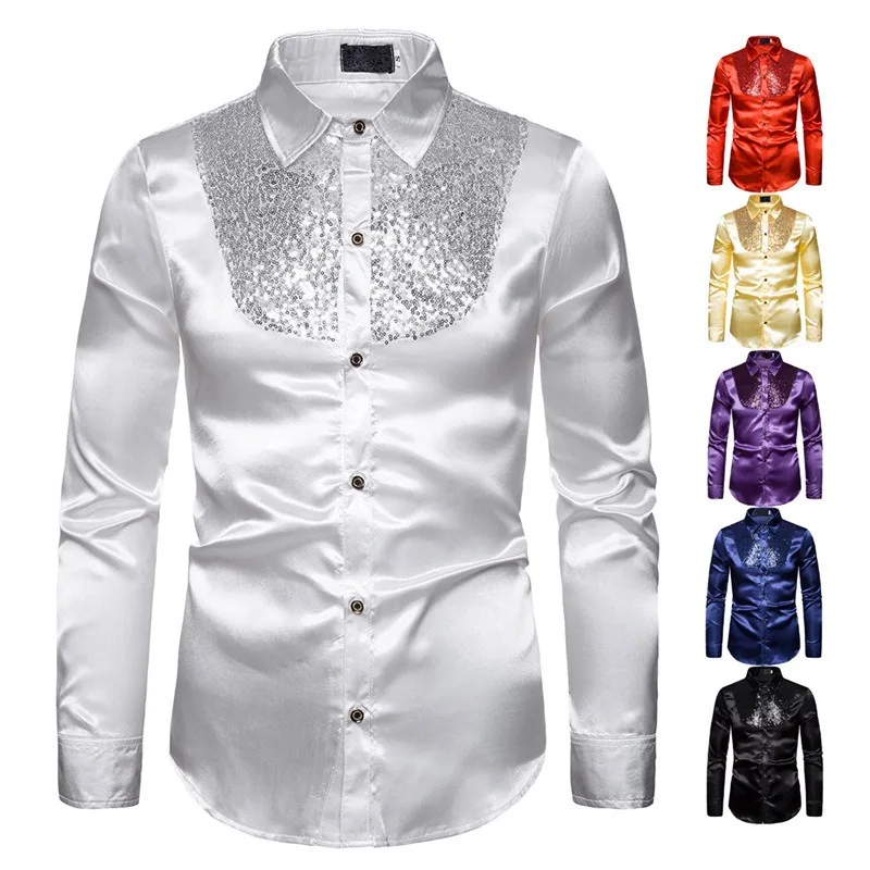 

Mens Long Sleeve Sparkle Shirt Point Collar Nightclub Formal Performance