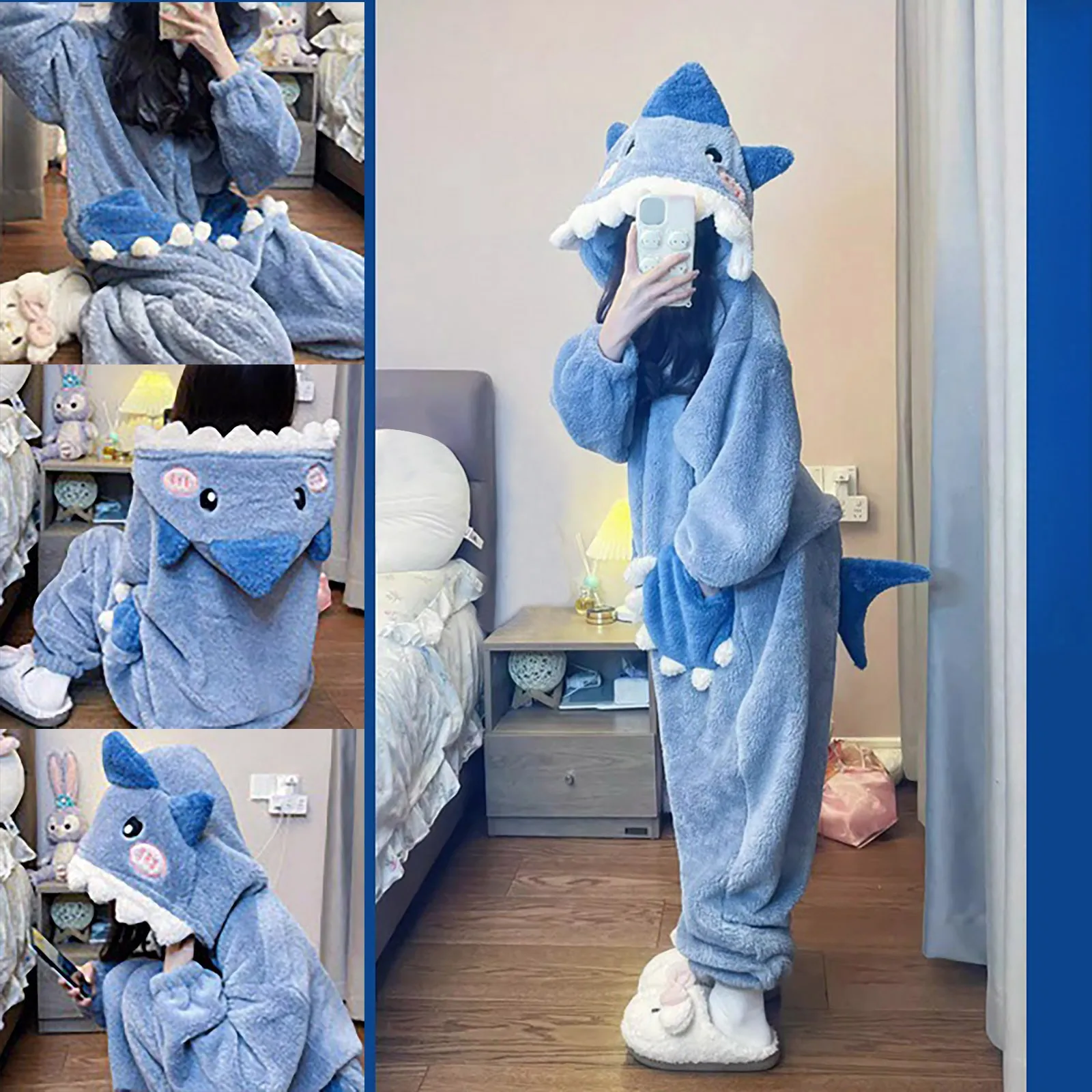 Winter Cute Shark Hooded Coral Velvet Pajamas Homewear Women Padded Thickened Warm Clothes Homewear One-Piece Pajamas