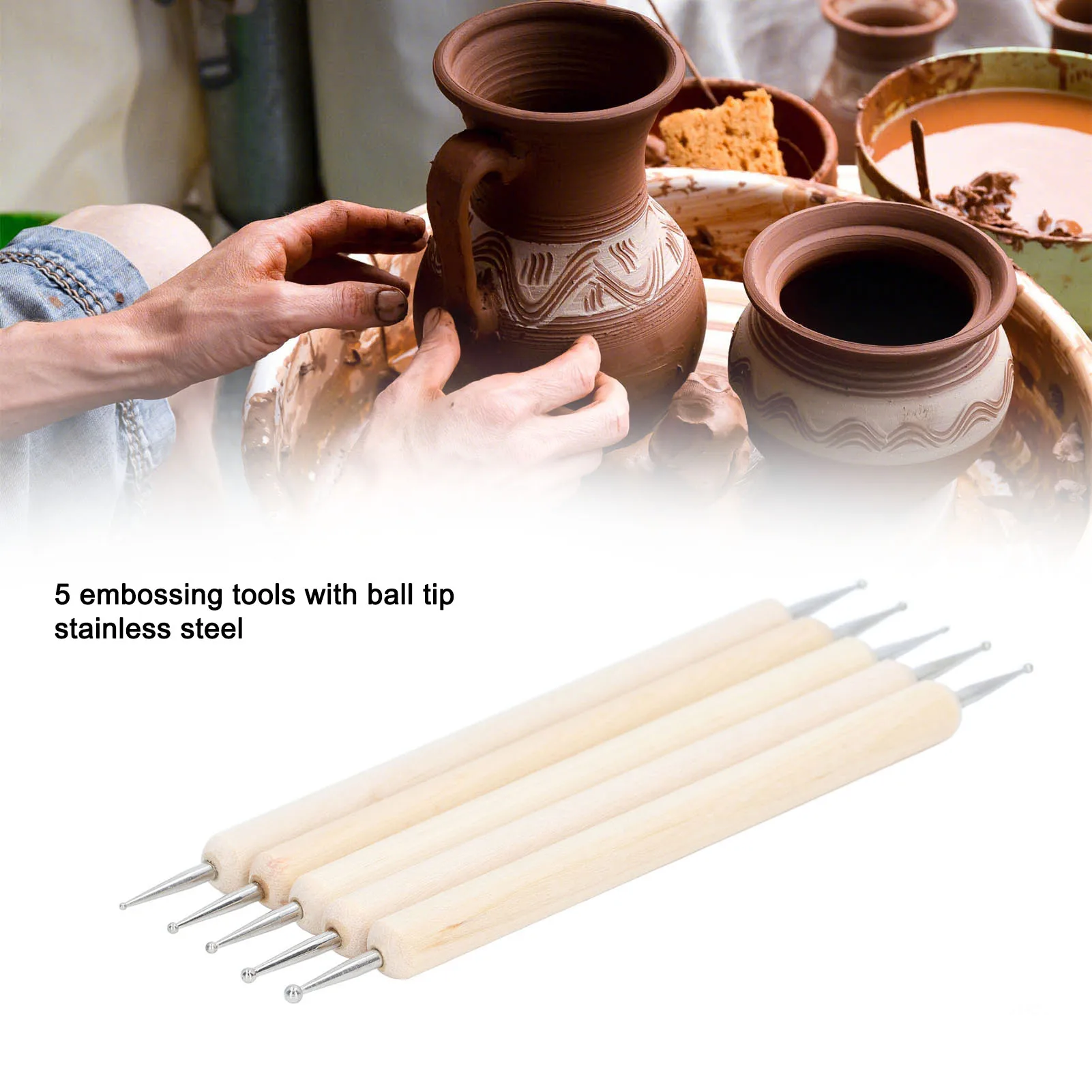 5pcs Double Head Art Dotting Stainless Steel with Wooden Handle for Embossing Sculpting Clay Pottery Stylus for Art Projects