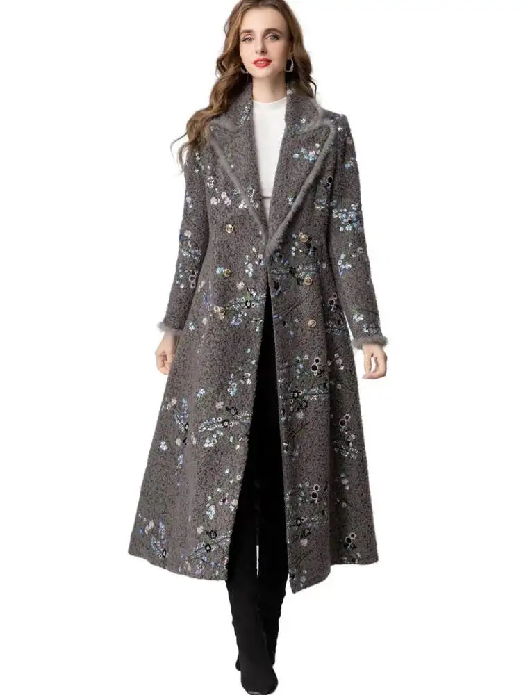 Fashion Gray Blends Coat Women's Fur Patchwork Lapel Embrodiery Beading Double Breasted Thick Overcoat Winter New 3QO8O