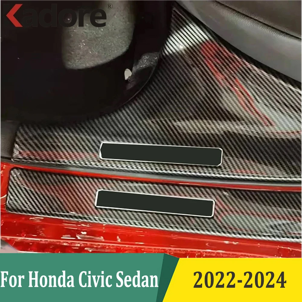 Placas de fibra de carbono interna e externa porta Sill Scuff, Protetores de soleiras, Limiares adesivos, Honda Civic Sedan, 2022, 2023, 2024