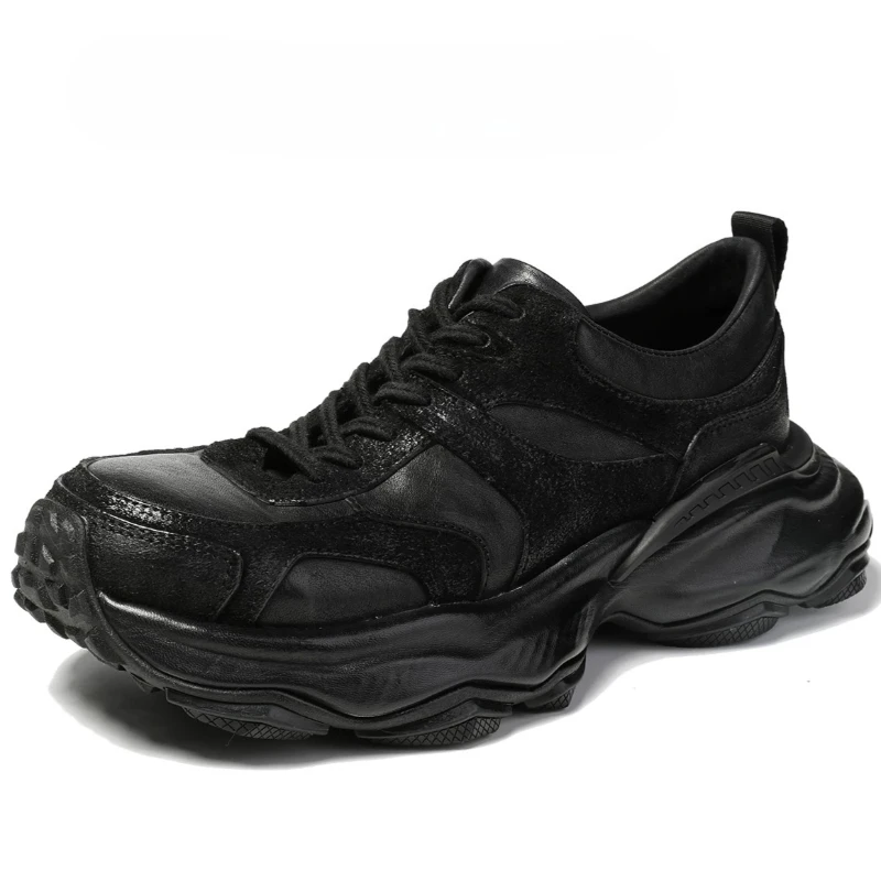 Kangaroo Leather Daddy Shoes for Men's Thick Soled Height Increasing Shoes Comfortable Breathable Casual Hand Sewn Sports Shoes