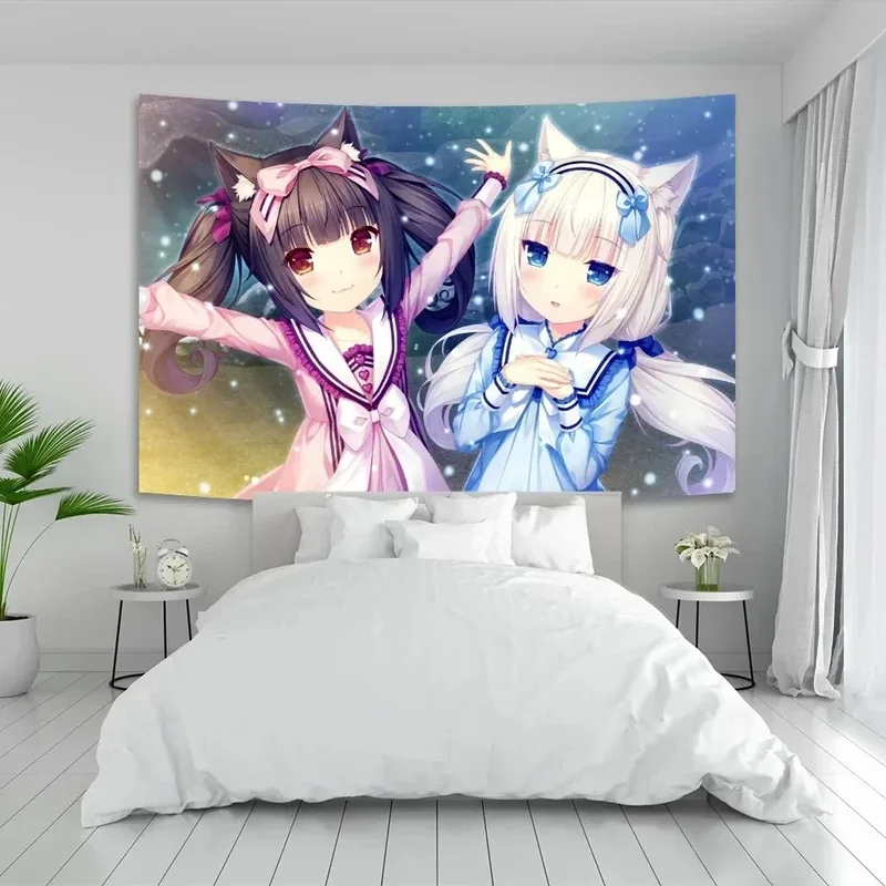 VIKAMA Cute Cat Ear Anime Girls Tapestry Nekomimi Sailor Uniform Pink Blue Snow Manga Wall Hanging Kawaii Otaku Dorm Decor