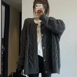 Grey Knitted Top for Women Round O Neck Winter Button Ladies Sweaters Cardigan Korean Fashion Y2k Vintage Aesthetic Korea Luxury