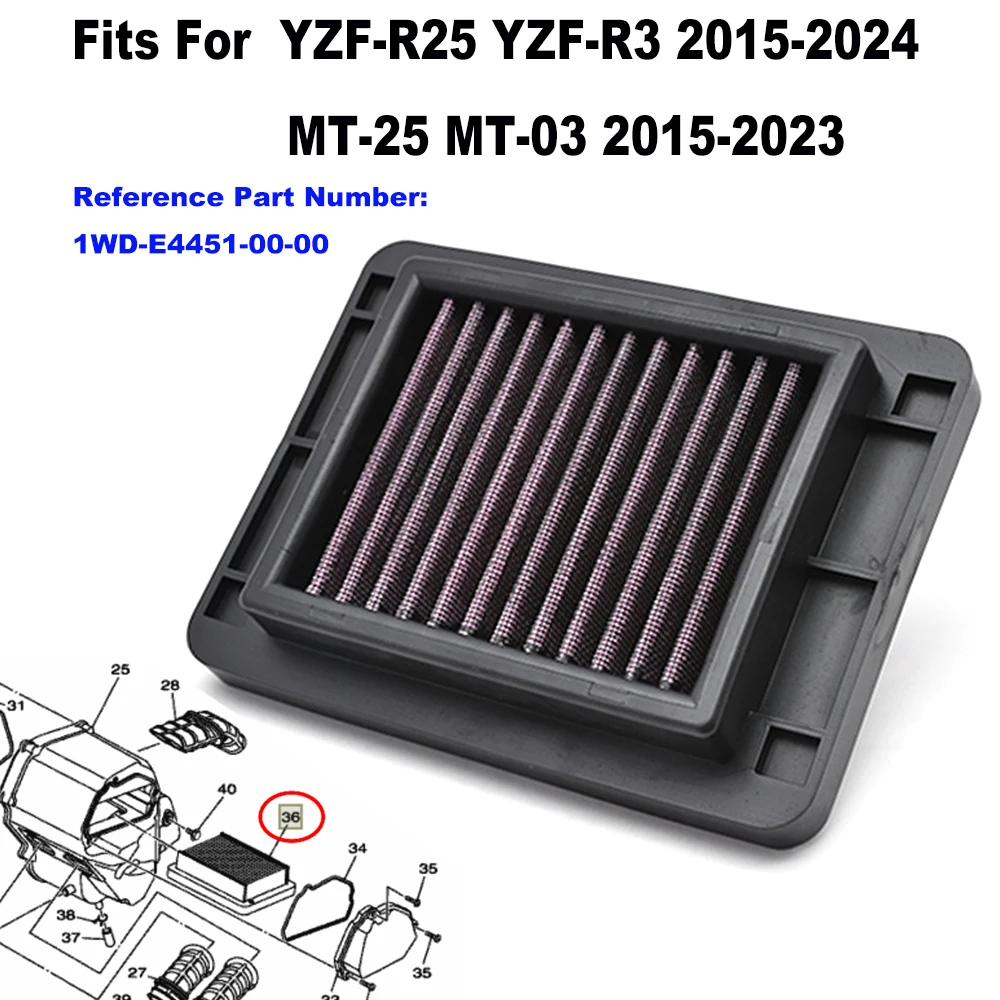 

High Flow Air Cleaner Element Intake Air Filter For Yamaha YZF-R3 YZF-R25 YZF R25 R3 MT-03 MT25 2015-2024 Ref.OE 1WD-E4451-00-00