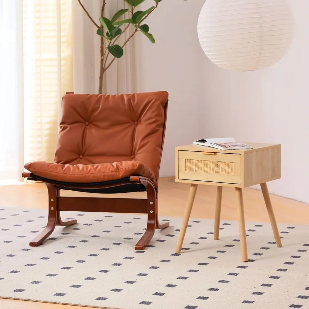 زوج من طاولات الليل الروطان، طاولات جانبية على الطراز البوهيمي مع أدراج، تصميم حديث لمنتصف القرن، طاولات خشبية ذات أطراف أرجل لغرفة النوم