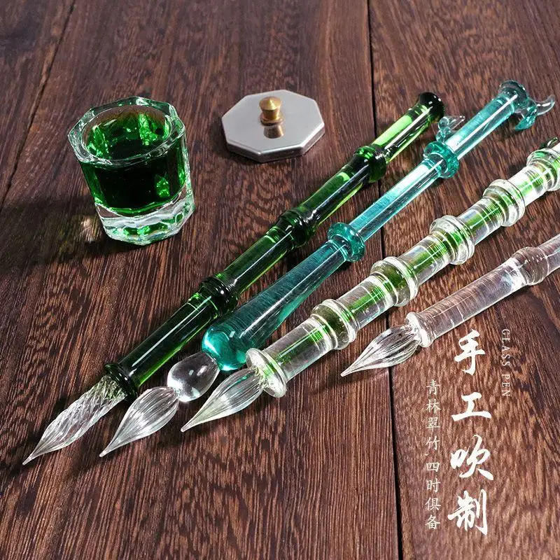 Crystal Glass Dip Pen, Bambu Comum Gotejamento, Caneta-tinteiro, Tinta Não-Carbono, Caneta Assinatura, Ferramentas de Escrita, 1Pc