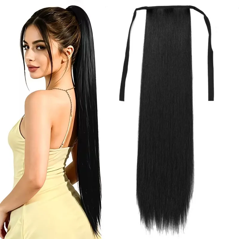 24Inch Synthetic Long Straight Ponytail Hair Extension Drawstring Clip in Hairpiece for Women Daily Party Cosplay