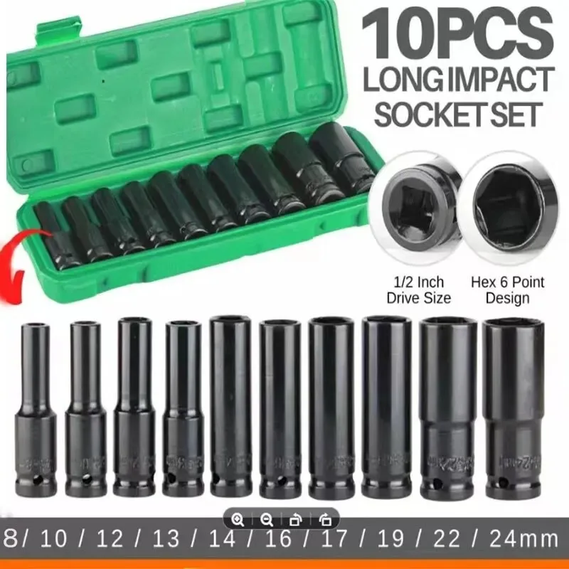 A set 10Pcs 1/2 Inch Drive Deep Impact Socket Set 6 Point Hex Long Socket For Auto Car Tire Repair Garage Mechanic Maintenance