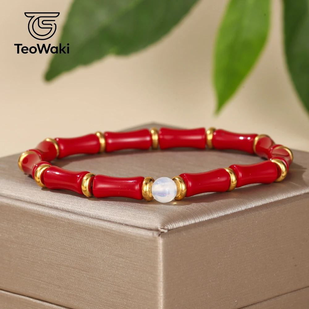 TeoWaki Red Coral Glass Bamboo Bracelet one Opalite as Spacer Beads Chinese Style Daily Jewelry Best Gift For Women Men 18-19cm