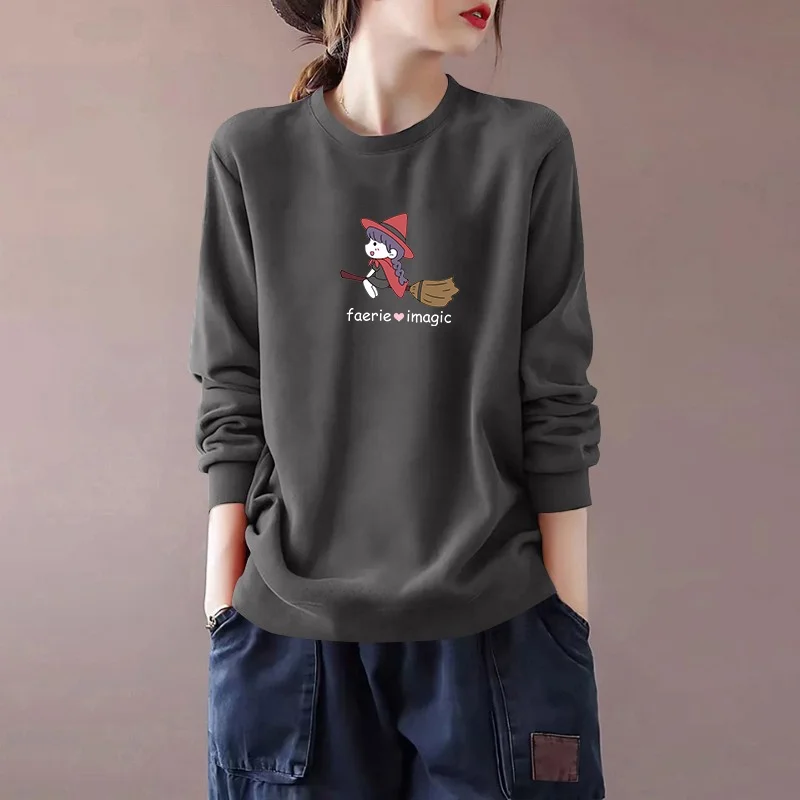 

Fashionable Pure Cotton Long Sleeve Printed Sweatshirt Women's Casual Versatile Autumn Top Brand Tagless Button up Streetwear