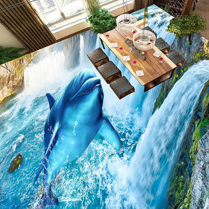 3D Wallpaper Modern Waterfalls Dolphin Floor Tiles Murals Sticker Living Room Bedroom PVC Waterproof Self Adhesive Wallpaper 3 D