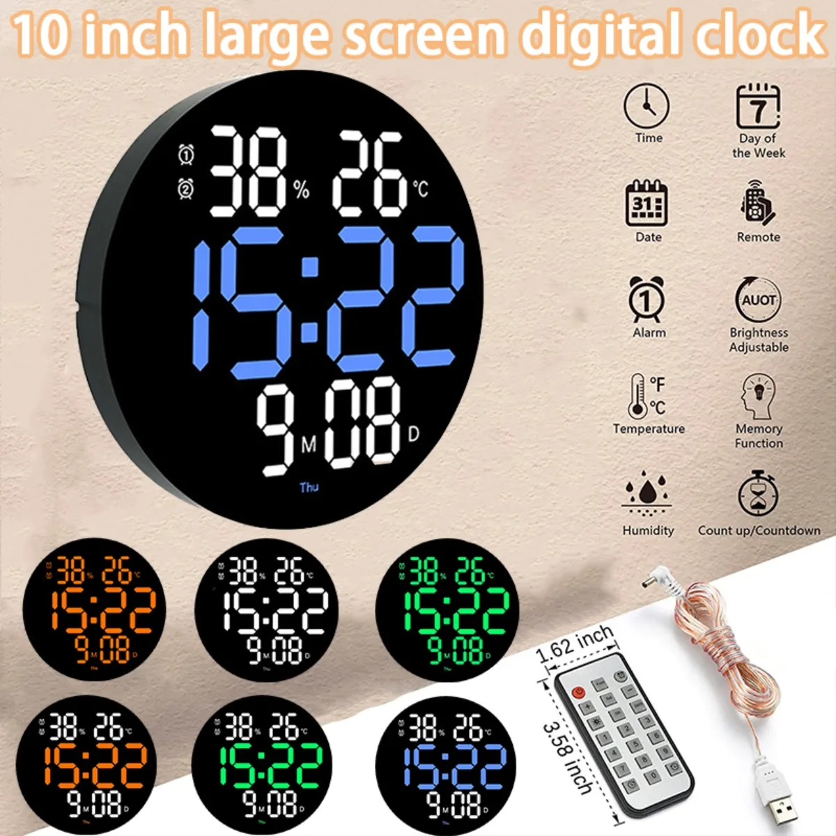 

10inch Circular LED Large Screen Digital Display Wall Clock Calendar with Alarms,Temperature Thermometer and Humidity Hygrometer