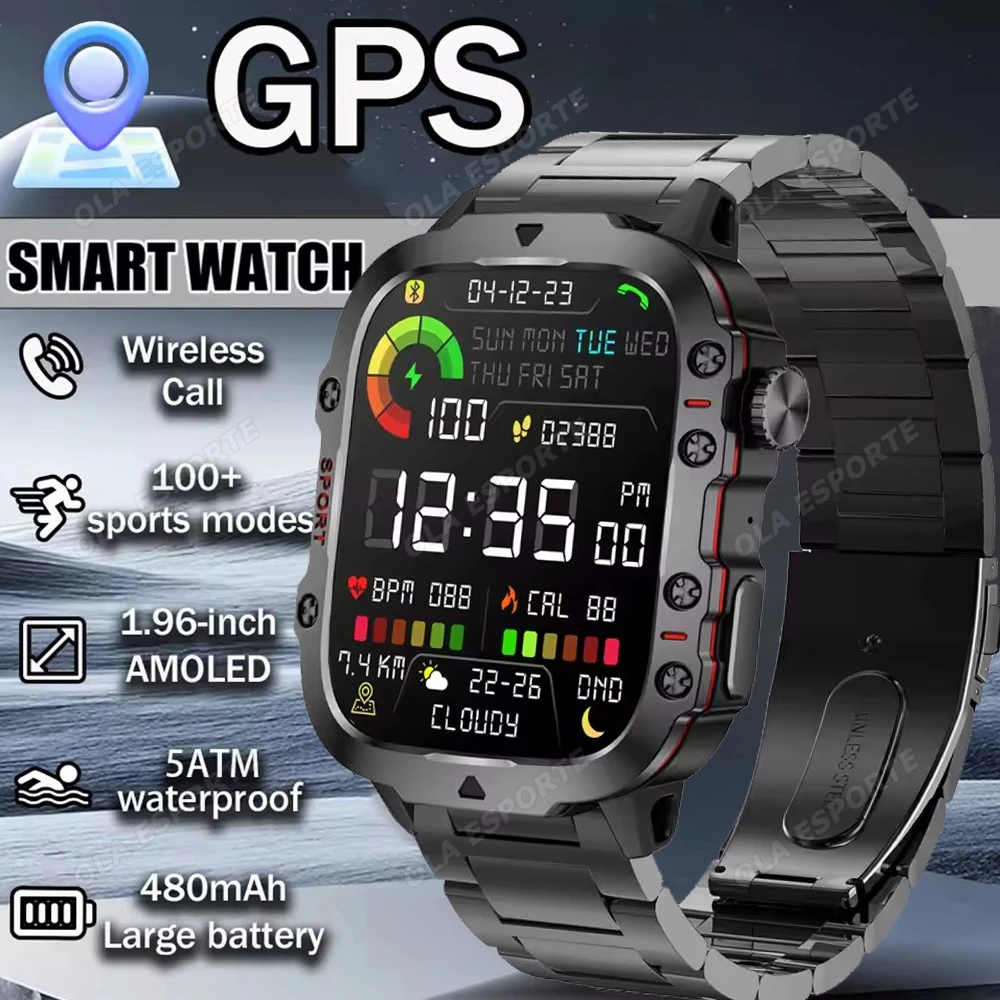 

Новые уличные военные умные часы с Bluetooth, говорящие умные часы 1,96 дюйма, AMOLED-экран, светодиодный фонарик, спортивные часы для фитнеса, водонепроницаемые