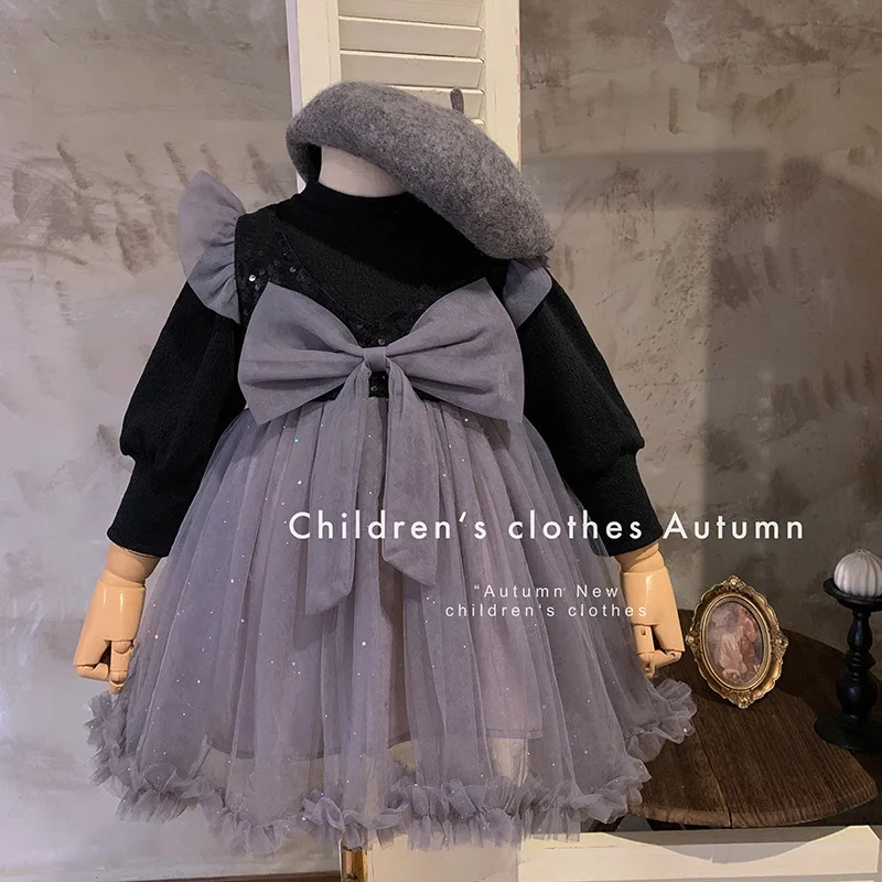 2024Girls' Spring and Autumn New Style Clothing High-Grade Birthday Dress Gauze Dress Bow Puff Sleeve Princess Dress