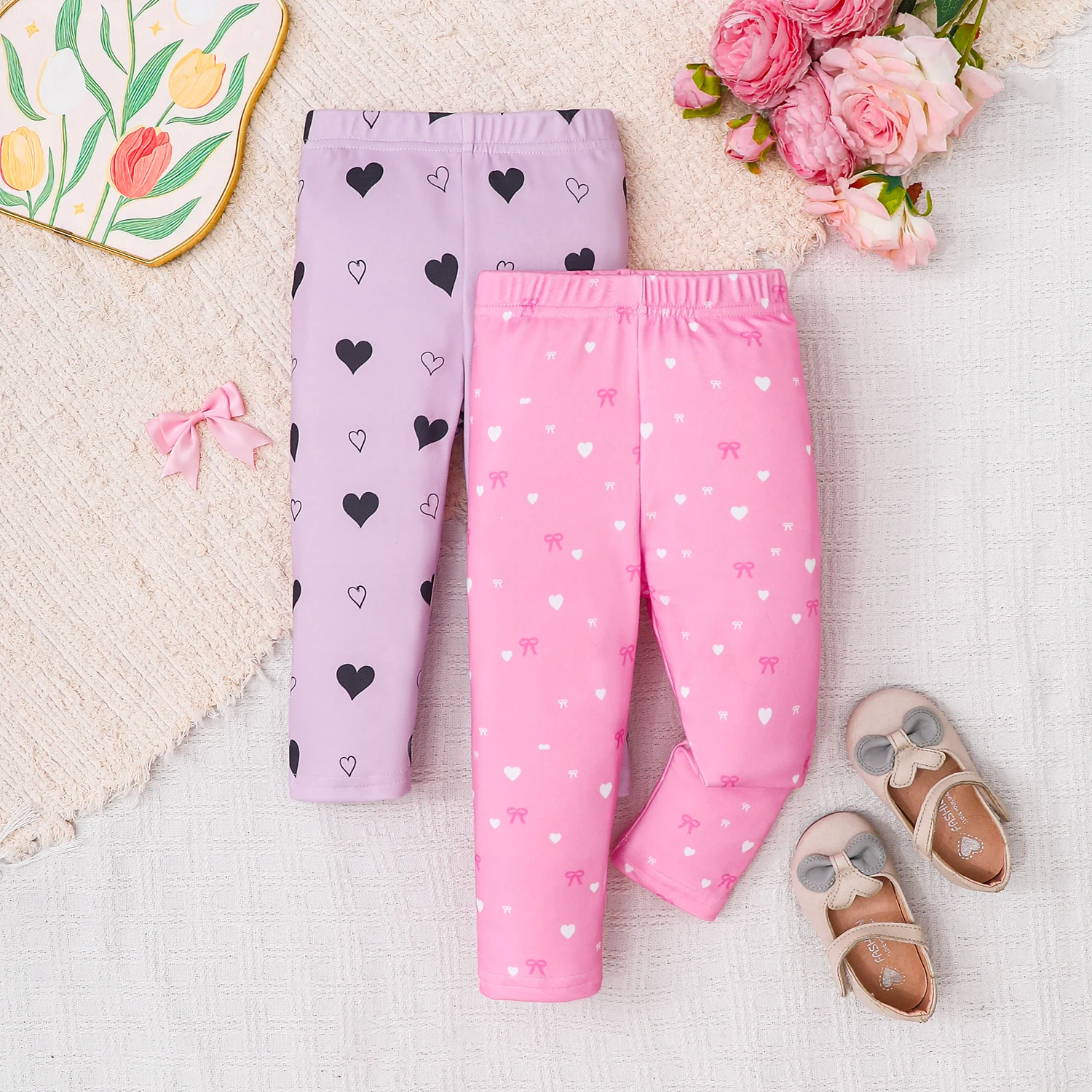 Infant Toddler Baby Girls Purple Heart & Pink Heart Bow Print Leggings Soft Cotton Elastic Waist Stretch Pants 2Pcs All Seasons