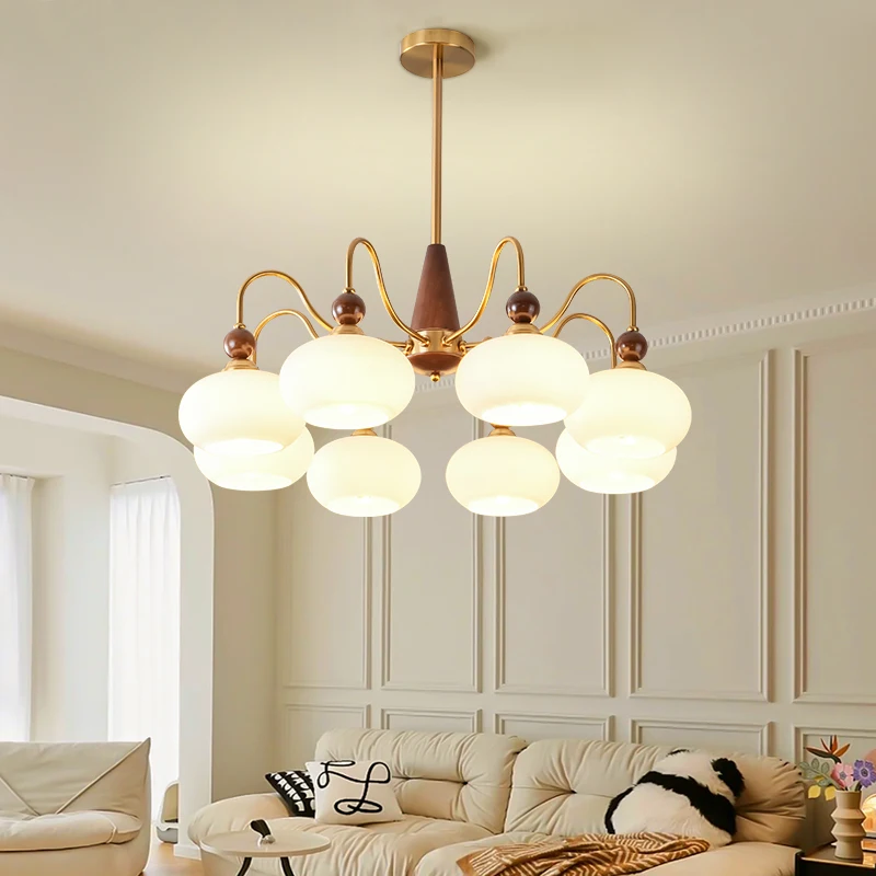 Restaurant Vintage French Living Room Chandelier Designer Walnut Persimmon Pendant Lamps Solid Wood American Retro Bedroom Light