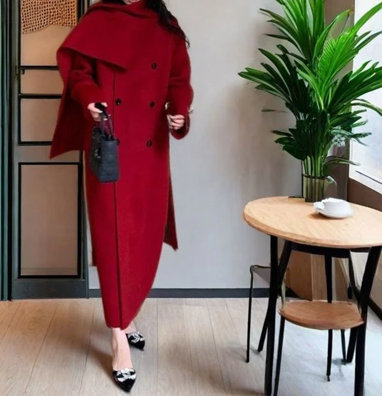 

2025 Winter Red Coat with A High-end Temperament Medium To Long Woolen Coat