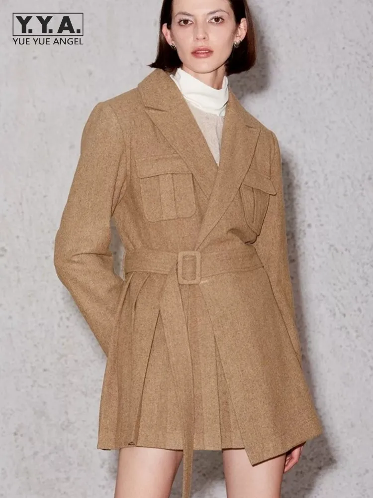 

Autumn Winter Fashion Women Elegant Mid Length Woolen Fabric Coat Turn Down Collar Slim Fit Sashes Office Casual Ladies Overcoat