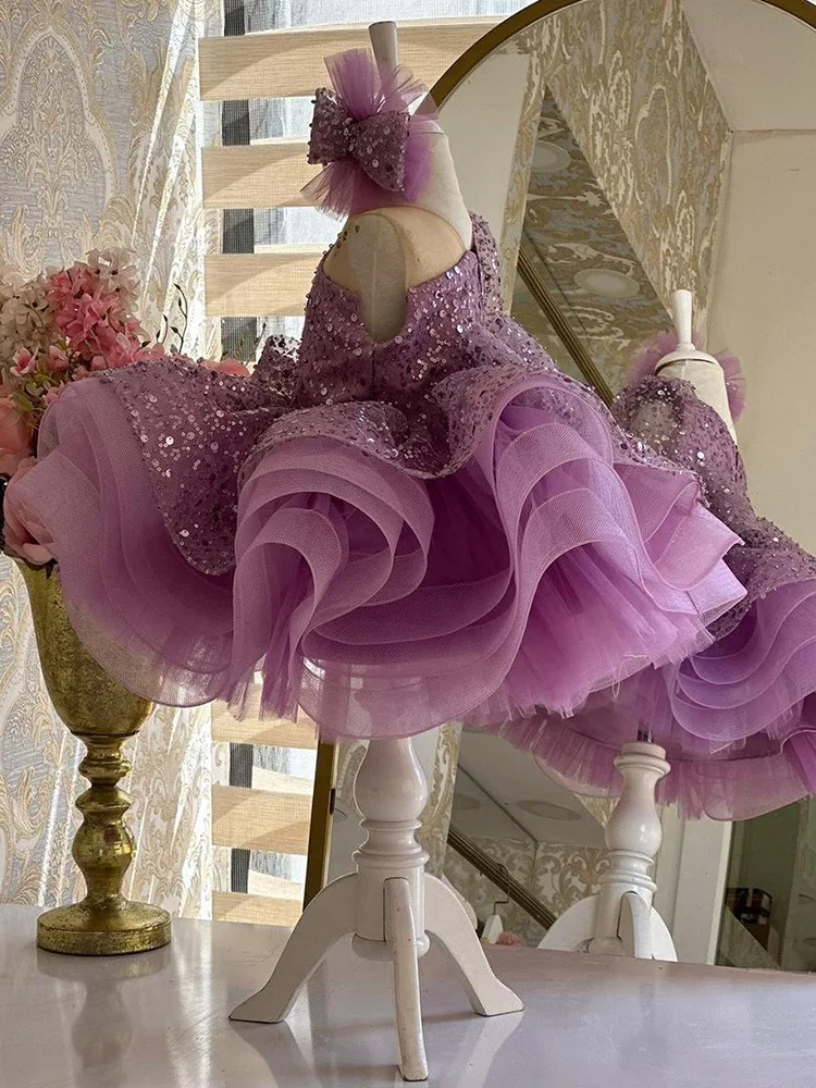 Girls' First Birthday Dress Purple Off-Shoulder Sequin Princess Dress Baby Girl Puffy Tulle Dress Flower Girl Host Performance C
