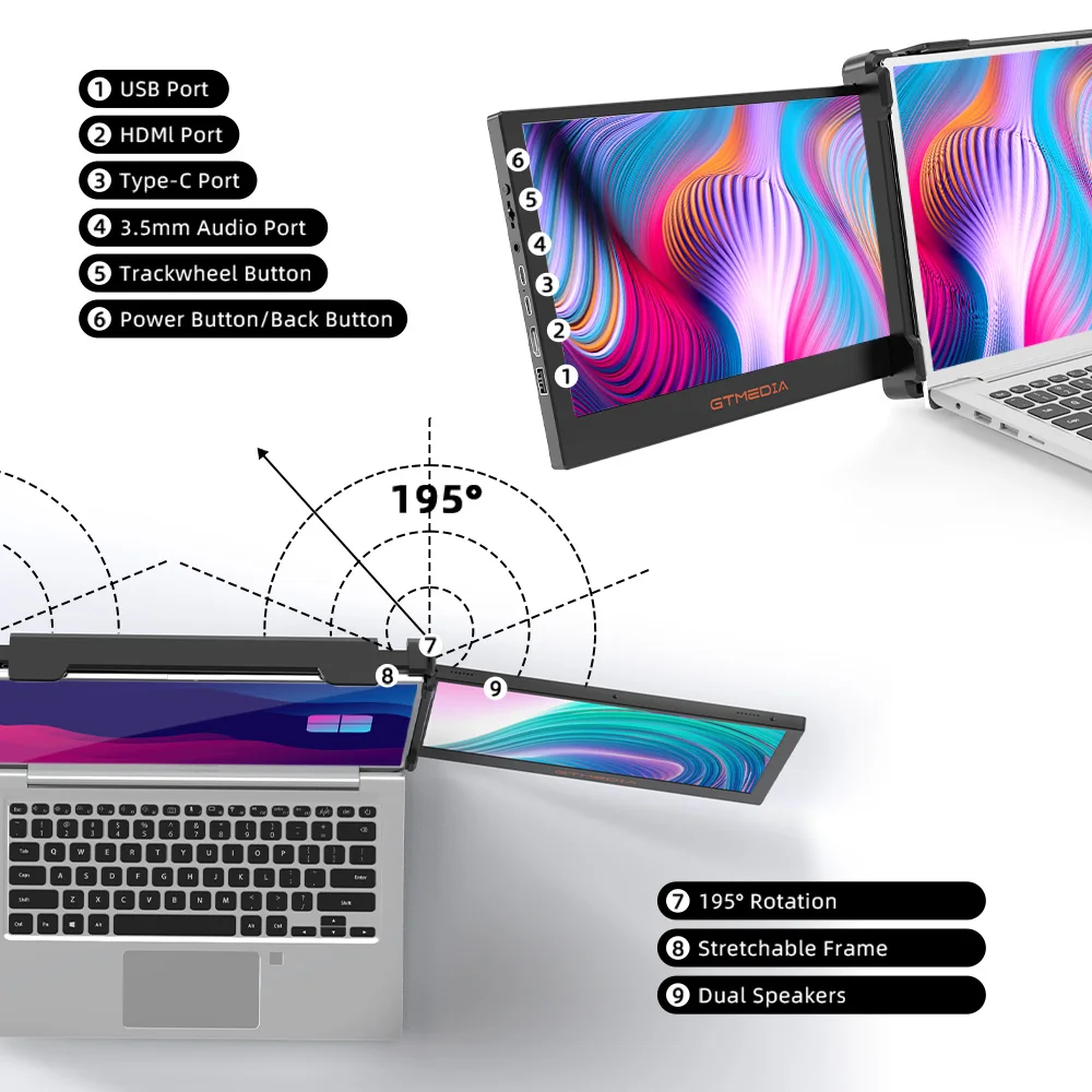 11.6 inch GTMEDIA Mate X Dual-screen Monitor for 13.0-17.3in Laptop 1920*1080 IPS FHD Screen Multi-system Compatible Portable