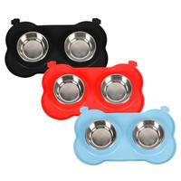 Double Dog Water Bowl Non-Slip Kitten Food Double Bowls Detachable Non-skid Pet Stainless Steel Dish For Small Medium Large Size