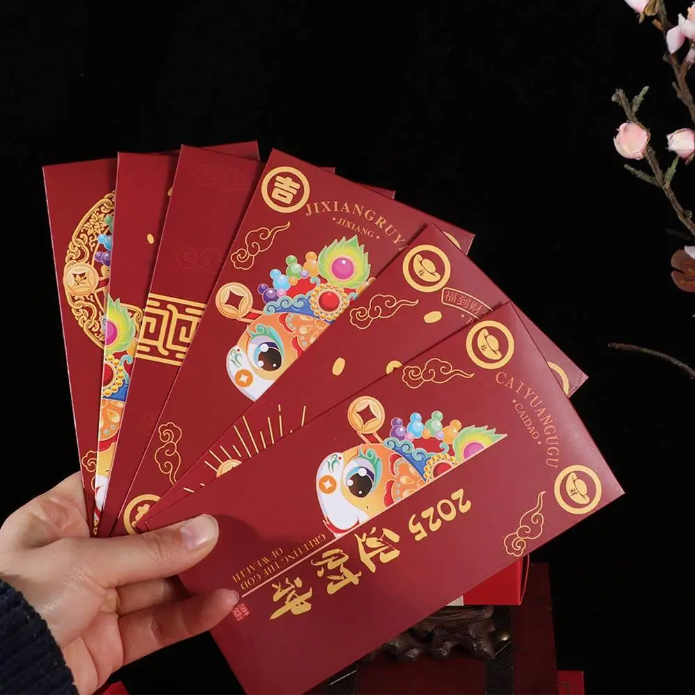 6Pcs Solid Chinese New Year Red Envelope Blessings Printing Mixed Pattern Lucky Money Bag Rectangular Paper Red Packet 2025