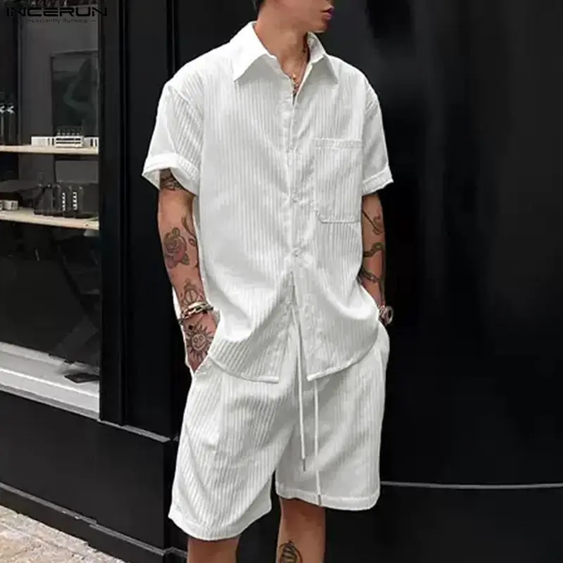 INCERUN Men's Sets Solid Lapel Short Sleeve Shirt Shorts Two Piece Sets Streetwear Loose Summer 2026 Casual Men Matching Sets view 3