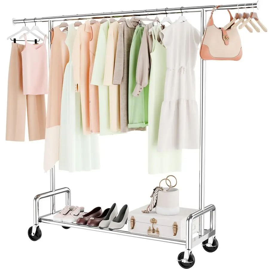 

Heavy Duty Clothing Clothes Rack with Wheels for Hanging, Metal Rolling Garment Rack Organizer Load 500 LBS, Chrome