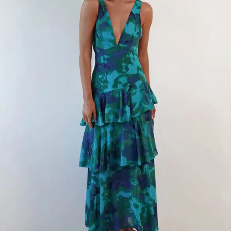

New Summer Sleeveless Sexy Deep V Neck Backless Ruffle Dresses Women Elegant High Waist Long Dress Flower Print Suspender Dress