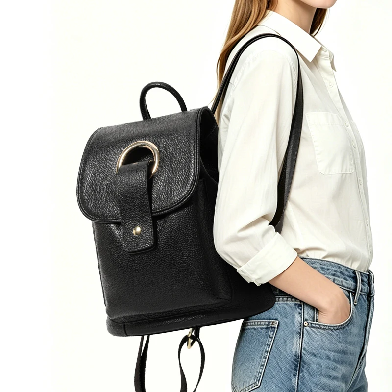 Women's Pebbled Leather Backpack, Mini Flap Backpack with Metal Ring Buckle, Ladies Casual Daypack Ideal for Work & Daily Use
