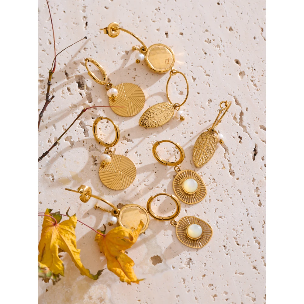 Yhpup New French Style 316L Stainless Steel Round Leaf Drop Hoop Earrings Gold PVD Plated Charm Waterproof Thicker Shell Jewelry