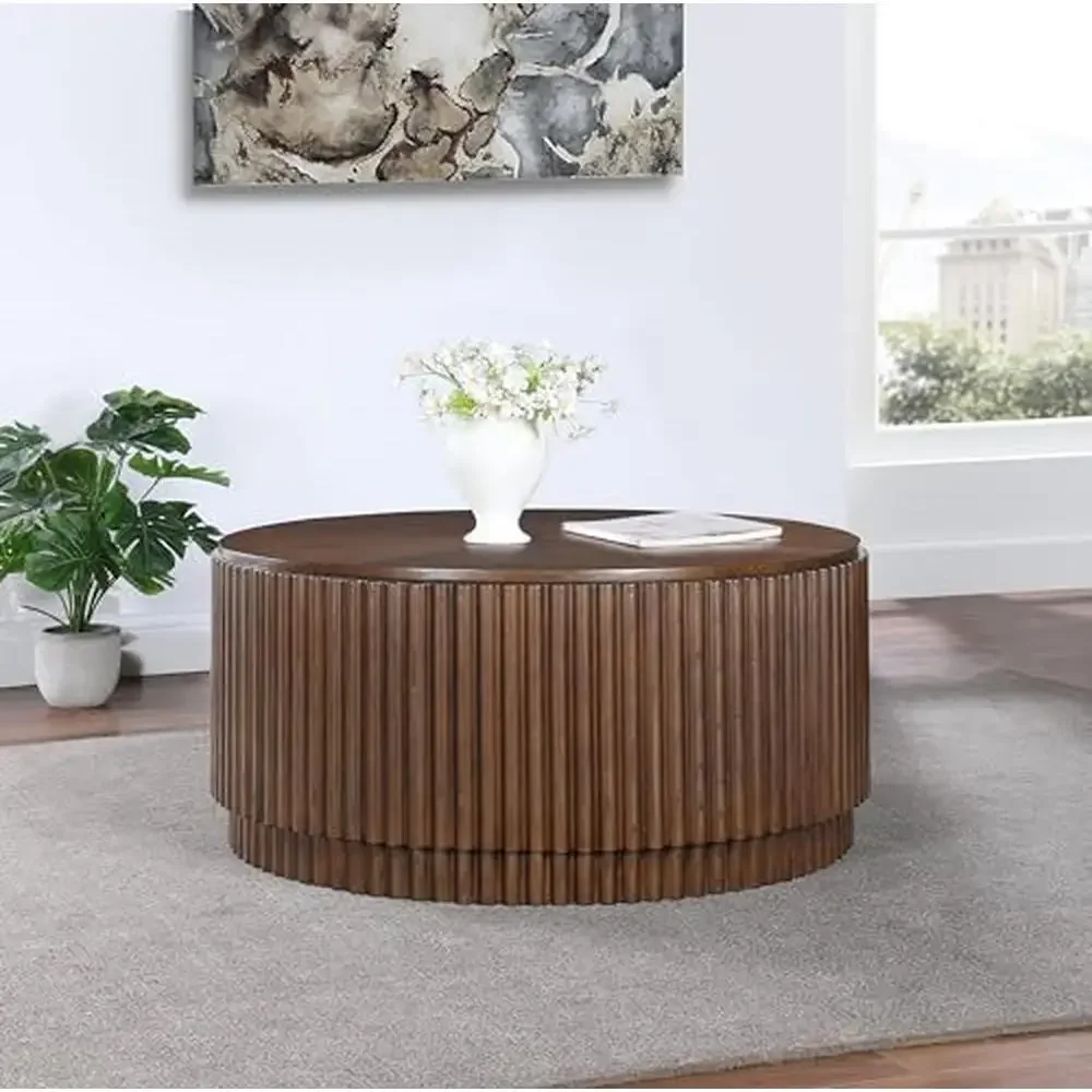 Mid-Century Modern Coffee Table Rich Dark Brown Finish Solid Wood MDF Oak Veneer Fluted Natural Grain Variation 36