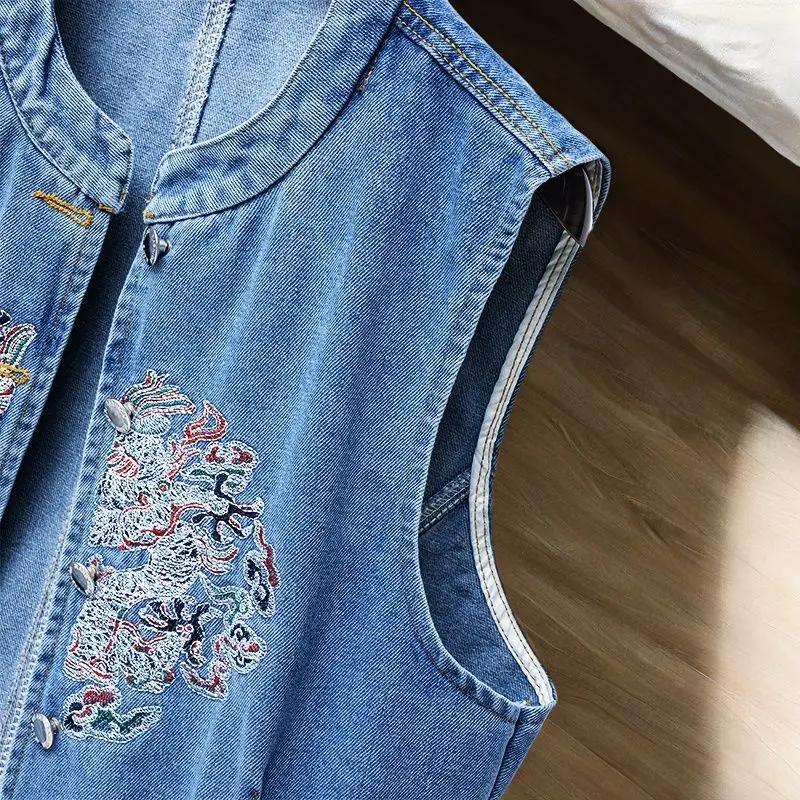 Vintage Geborduurd Denim Vest Voor Vrouwen O-hals Vest Uitloper 2025 Lente Herfst Casual Mouwloze Jeans Crop Tops