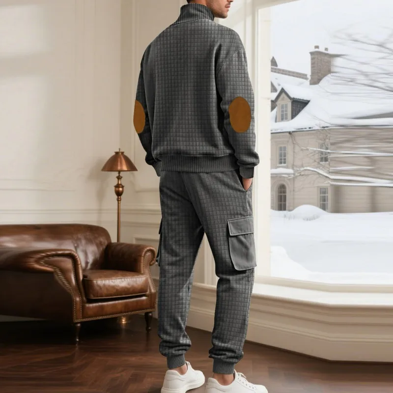 KIDWHXR Men Autumn Sweatshirt Set Fashion Plaid Stand Collar Pullover Man Cargo Pant Male Loose Sport Casual 2-piece Outfit
