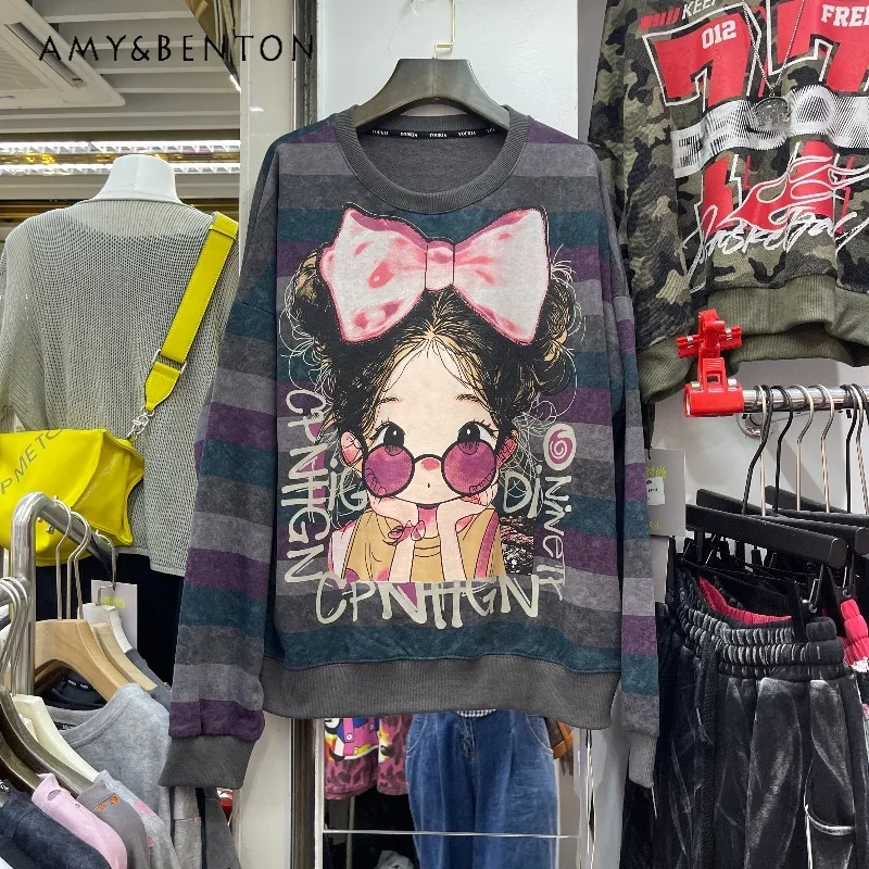 

Autumn New Loose Heavy Industry Cartoon Stylish Bow Girl Versatile Sweatshirt Long Sleeves Casual Loose Hoodies Women's Clothing