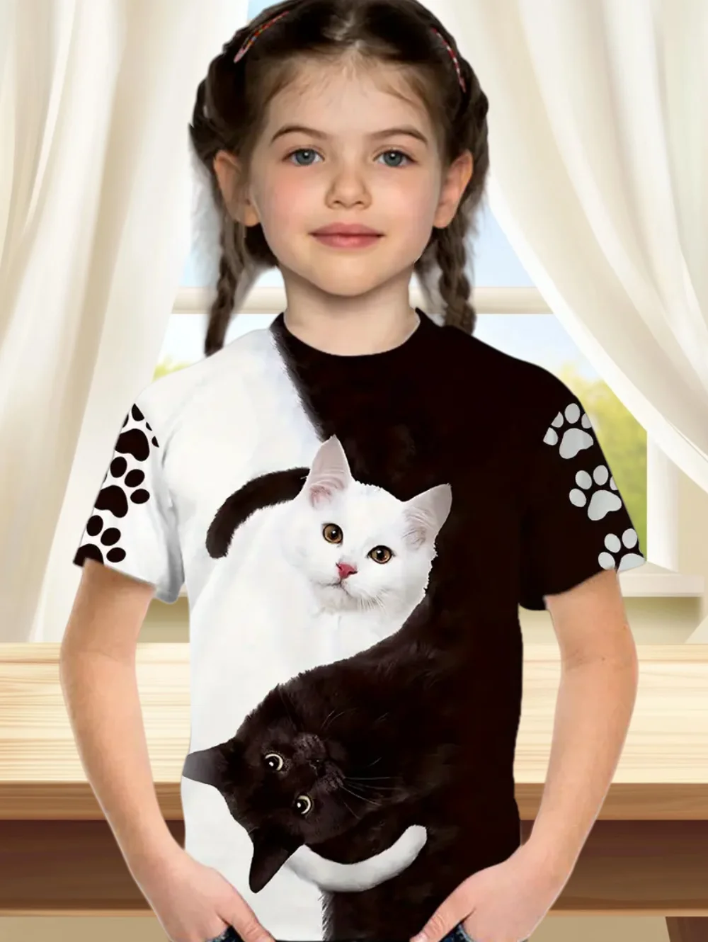 Children's Clothes Funny Cat Pattern 3D Print Summer Short Sleeve Tee Topstrendy Girl Clothes Round Neck Tops T-Shirts for Girls