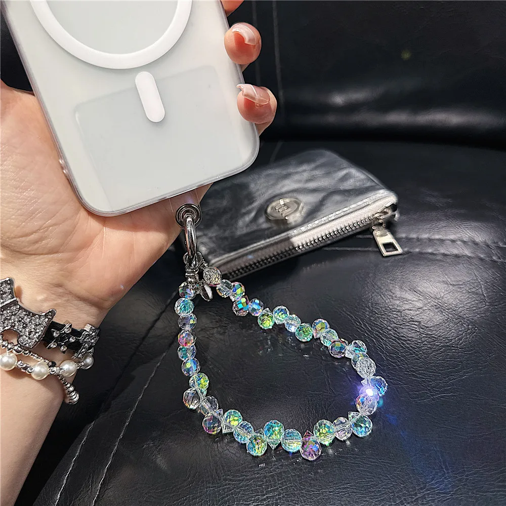 Luxury Colorful Laser Crystal Bead Phone Bracelet Strap Charm Chain Knot Cellphone Lanyard Keychain Bag Camera keychain Pend
