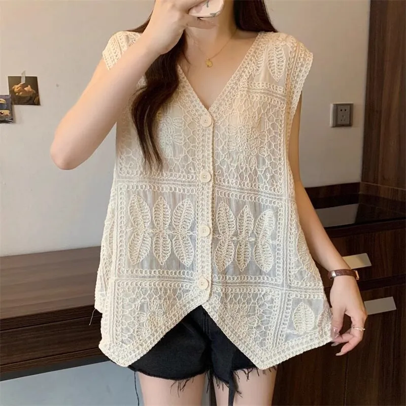 Sweet Korean Style Hooked Flower Knitted Hollow Thin Vest Women's Outerwear Summer Layering Sleeveless Cardigan Top