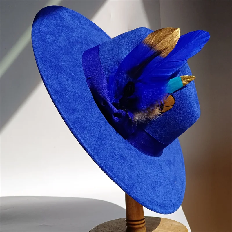 الأرجواني الريش الجلد المدبوغ أفضل قبعة 9.5 سنتيمتر واسعة حافة فيدورا قبعة الرجال النساء الخريف الشتاء ورأى الجاز القبعات الكلاسيكية الكنيسة فيدورا سمبريرو #4
