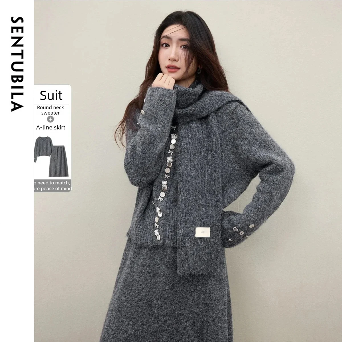 SENTUBILA جديد قطعتين مجموعة للنساء 2025 زر الزخرفية سترة ماكسي تنورة فضفاضة تناسب الشتاء عادية المرأة البدلة W54ZF5741