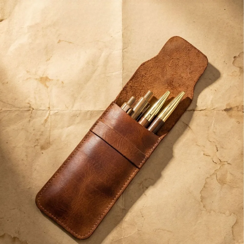 Genuine Leather Vintage Pencil Case Protector Portable Insert Pouch Simple Pencil Case Retro Stationery Office School Supplies