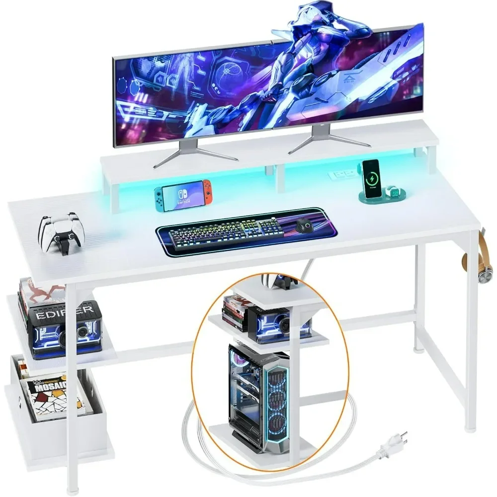 Desk, Power Outlets and LED Lights, Office Gaming Desk with Shelves and Fabric Drawer, Reversible Table with Monitor Stand