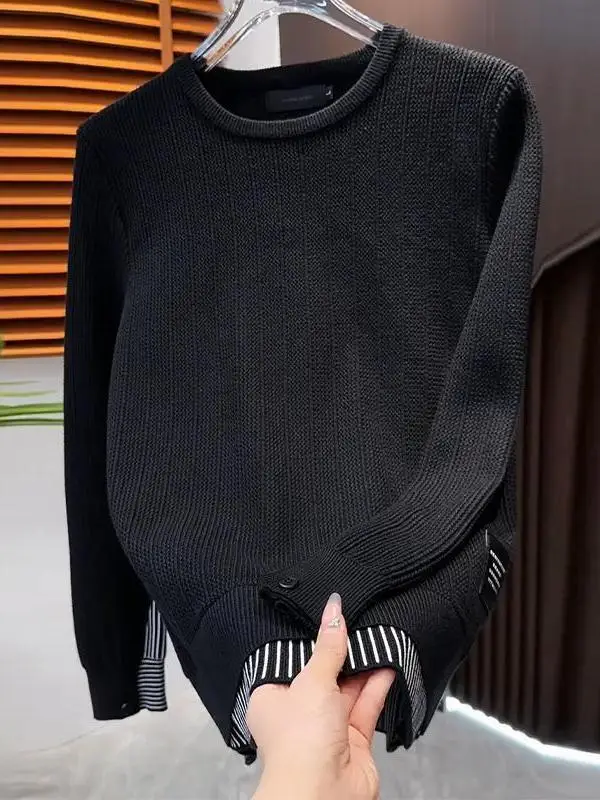 

Casual Busin Sle Striped Patchwork round Ne Knitted Sweater Trendy Base irt Autumn New Arrival Polyester Fiber Long ...