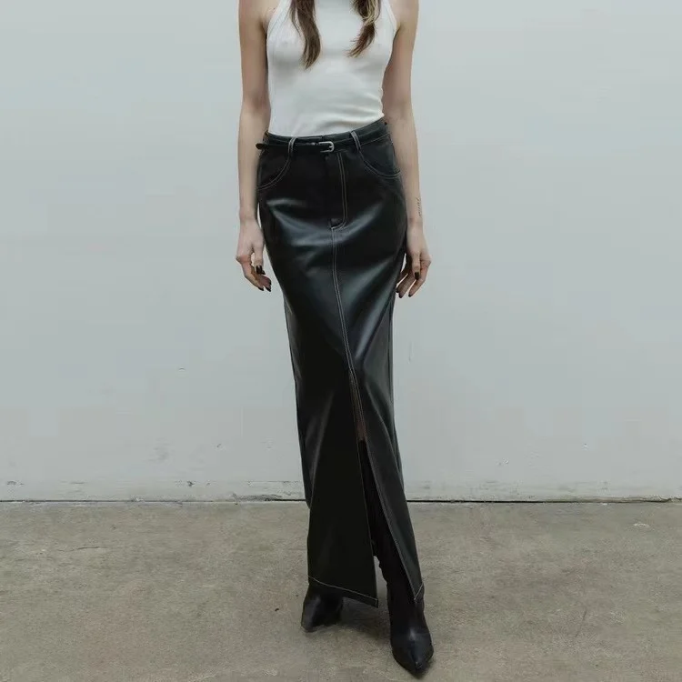 

Юбка из искусственной кожи с высокой талией, модная облегающая юбка, длинная юбка на молнии, H-образный силуэт, чистый цвет