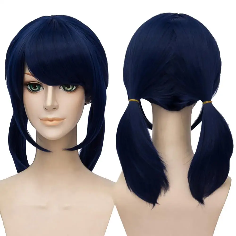 40cm Stylish Cute 2 Pigtails Dark Blue Straight Wig Women Cosplay Party Hairpiece Short Straight Hair Wigs Women Synthetic Anime