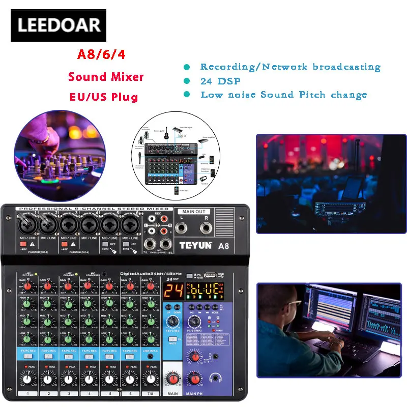 TEYUN 8 6 4 Channel Professional Portable Mixer Computer Sound Mixing Console Number Audio Interface Live Broadcast A4 A6 A8 48V