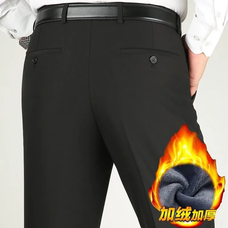 Winter Pants 49% Wool Men's Business Ironless Trousers  Straight Leg High Waist  Pants Thick Fleece for Middle  Plus Size 29-42