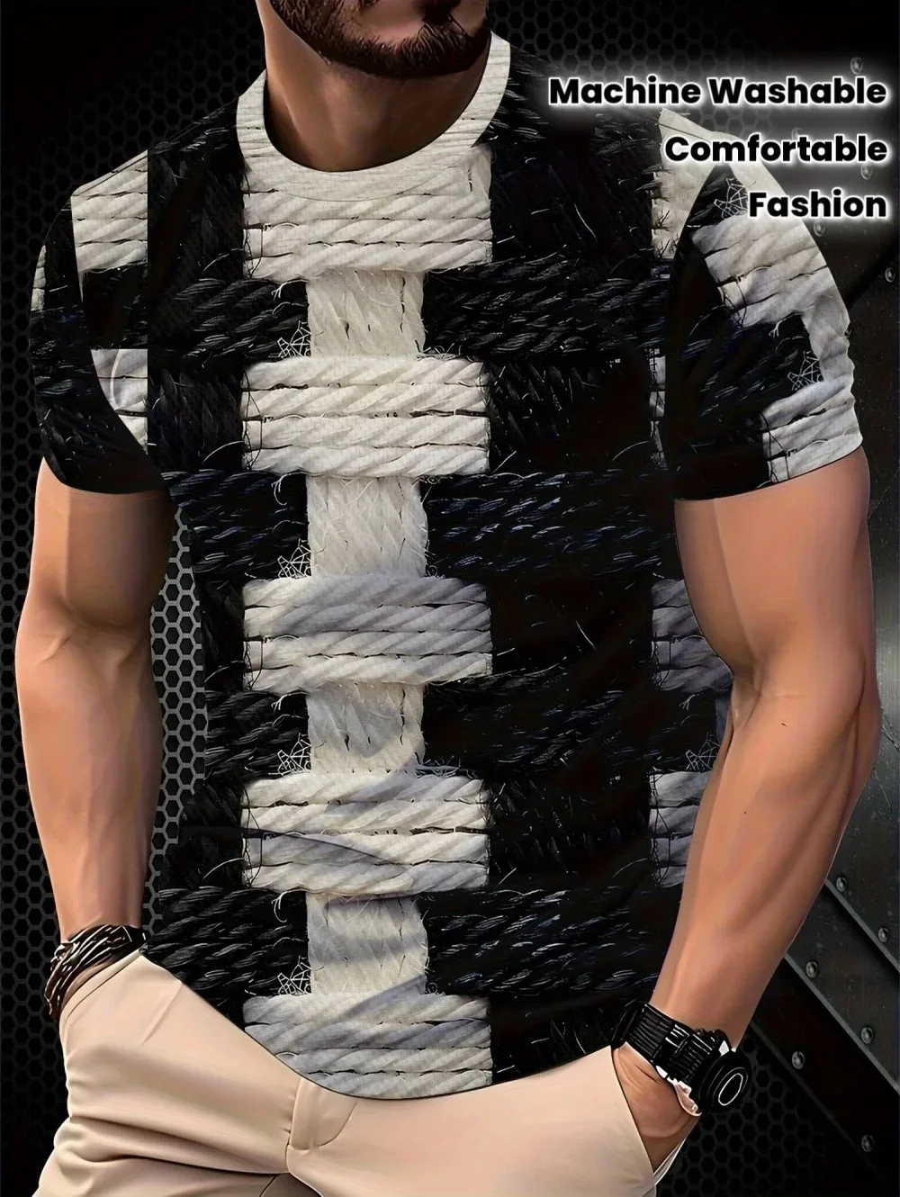 Sommer Hip-Hop Y2K Farbiges Dickes Seil-Gewebtes 3D-Druck Atmungsaktives Schnelltrocknendes Herren-T-Shirt Outdoor Freizeit Streetwear Eltern-Kind-Kleidung – Detail 7